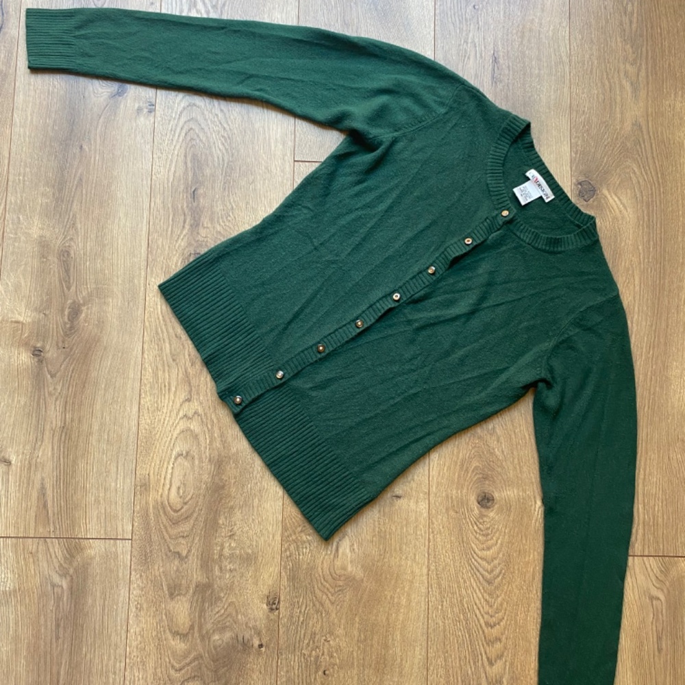 CB Design Emerald Green Button-Front Cardigan, Size M – Ribbed Trim Details